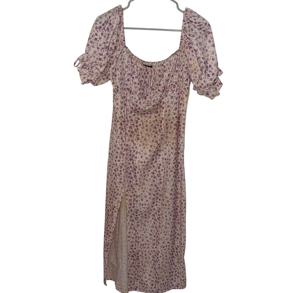 Purple Floral Milkmaid Midi Dress Puff Sleeve Side Slit‎ Cottagecore summer boho